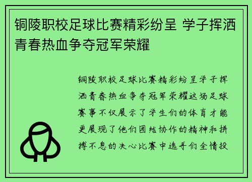 铜陵职校足球比赛精彩纷呈 学子挥洒青春热血争夺冠军荣耀