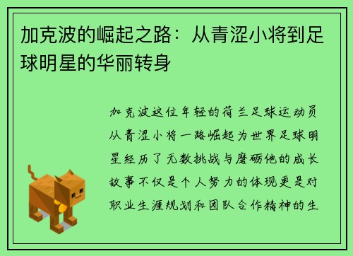 加克波的崛起之路：从青涩小将到足球明星的华丽转身