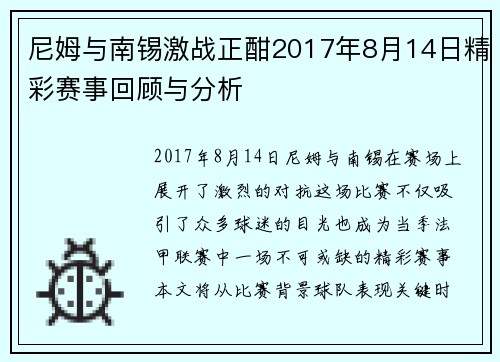 尼姆与南锡激战正酣2017年8月14日精彩赛事回顾与分析