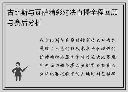 古比斯与瓦萨精彩对决直播全程回顾与赛后分析