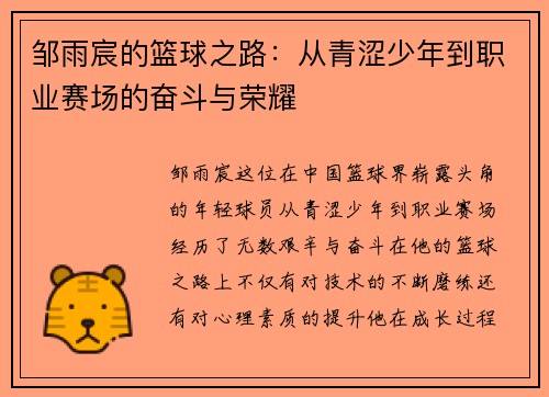 邹雨宸的篮球之路：从青涩少年到职业赛场的奋斗与荣耀
