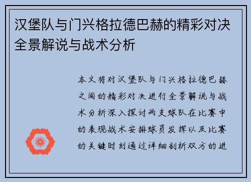 汉堡队与门兴格拉德巴赫的精彩对决全景解说与战术分析