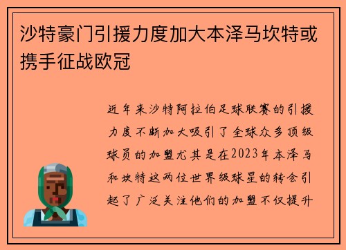 沙特豪门引援力度加大本泽马坎特或携手征战欧冠