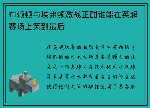 布赖顿与埃弗顿激战正酣谁能在英超赛场上笑到最后