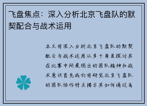 飞盘焦点：深入分析北京飞盘队的默契配合与战术运用