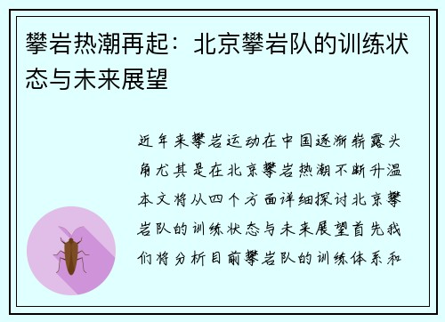 攀岩热潮再起：北京攀岩队的训练状态与未来展望